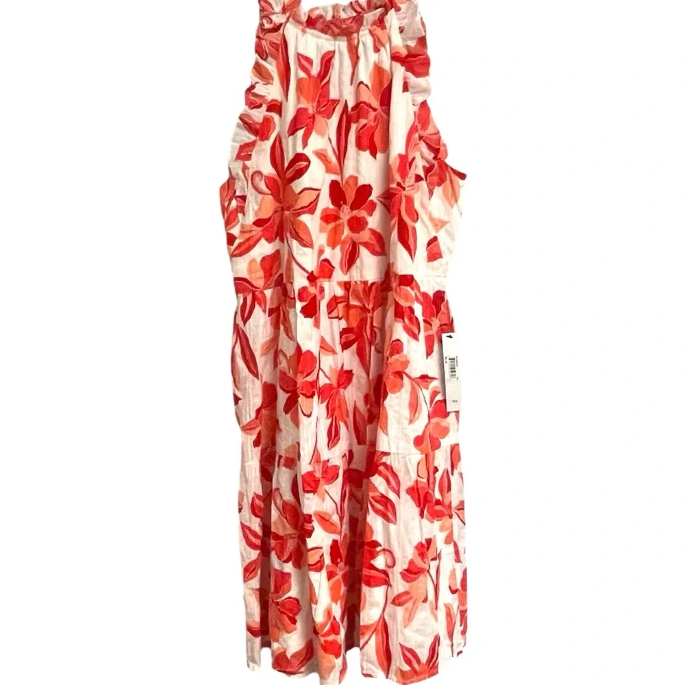 NWT Clover And Sloane Deep Coral & White Floral Tiered Cotton Dress Size Large - Picture 6 of 10